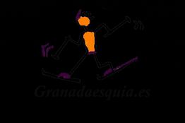 Dibujo de un esquiador en negro con detalles en naranja y morado sobre un fondo oscuro.