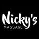 Logo met de tekst "Nicky's Massage" in witte letters op een zwarte achtergrond.