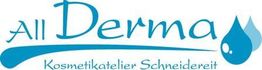 Logo mit dem Text "All Derma Kosmetikatelier Schneiderei" und zwei blauen Tropfen.