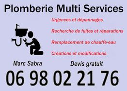 Affiche "Plomberie Multi Services" avec numéro de téléphone et services offerts en rouge.