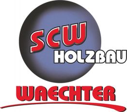 Logo von SCW Holzbau Waechter, roter Text auf blauem Kreis und darunter rote Schrift.