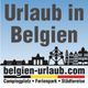 „Urlaub in Belgien“-Poster mit ikonischen Gebäuden und Webseite belgiens-urlab.com.
