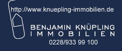 Blaues Logo mit Text: "Benjamin Knüpling Immobilien", Website und Telefonnummer.