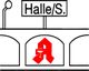 Zeichen mit Aufschrift "Halle/S." und einem Apothekensymbol darunter in roter Farbe.