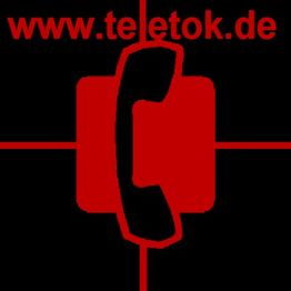 Rotes Telefonsymbol auf schwarzem Hintergrund, URL www.teletok.de oben in Rot.