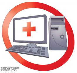 Computadora con cruz roja en pantalla y círculo rojo, simbolizando soporte técnico.