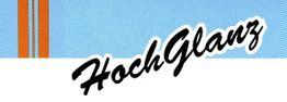 Text „HochGlanz“ in schwarzer Schrift auf blauem Hintergrund mit orangenen Streifen links.