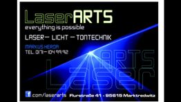 Grafik mit Lasereffekt, Text: "LaserARTS", Kontaktinfo und Slogan "everything is possible".