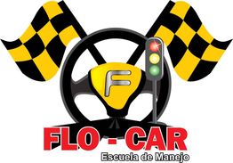 Logotipo con volante, banderas de cuadros y semáforo. Texto: "FLO - CAR Escuela de Manejo".