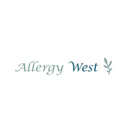 "Logo with text 'Allergy West' and a small leaf graphic on the right."