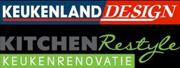 Logo met tekst "KEUKENLAND DESIGN" en "KITCHEN Restyle KEUKENRENOVATIE" in verschillende kleuren.