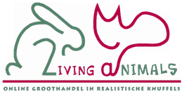 Logo met een groene haas, roze hert en tekst "Living Animals, online groothandel in knuffels".