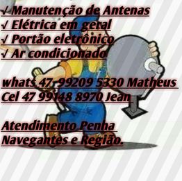 Desenho de trabalhador com serviços de antenas, elétrica e mais. Contato: Matheus e Jean.