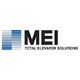 Logo of MEI Total Elevator Solutions with blue lines and bold text.