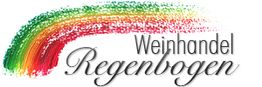 Logo mit Regenbogen-Farbstrich und Text: „Weinhandel Regenbogen“.