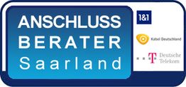 Blaues Logo mit "ANSCHLUSS BERATER Saarland", Logos von 1&1, Kabel Deutschland und Deutsche Telekom.