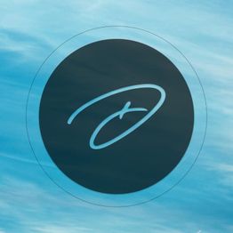 Schwarzer Kreis mit blauer, geschwungener Linie darin auf blauem Hintergrund.