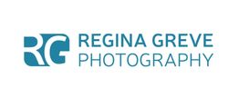 Logo mit den Buchstaben "RG" und Schriftzug "Regina Greve Photography" in Blau.