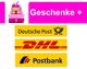 Geschenke und Logos: Deutsche Post, DHL, Postbank auf gelbem Hintergrund mit Geschenken oben links.
