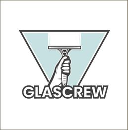 Logo mit einer Hand, die einen Fensterabzieher hält, darunter der Text "Glascrew".