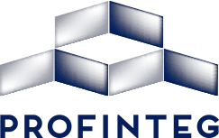 Logo de PROFINTEG con diseño geométrico en tonos metalizados y letras azules.