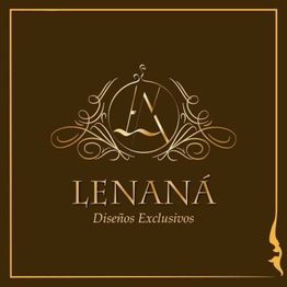 Logo de "LENANÁ, Diseños Exclusivos" en fondo marrón con detalles dorados y un perfil lateral.