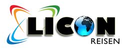Logo von Licon Reisen mit bunter Wirbelgrafik neben einem Globus als Buchstabe "O".