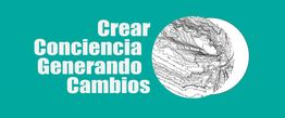 Texto "Crear Conciencia Generando Cambios" sobre fondo turquesa con un diseño circular abstracto.