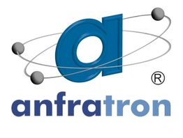 Logo mit großem blauem "a", Kugeln umkreisen es, Text "anfratron" darunter.
