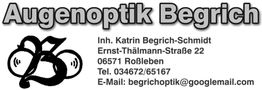 Augenoptik Begrich mit Kontaktinformationen, inklusive Adresse, Telefon und E-Mail.