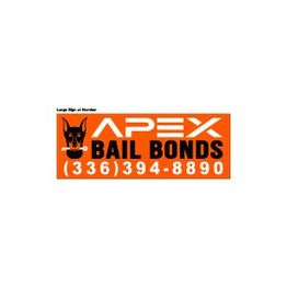 Orange sign with "APEX Bail Bonds" and phone number (336) 394-8890, featuring a dog's head.