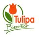 Logotipo de Tulipa Bienestar con diseño de tulipán rojo y texto en naranja y verde.
