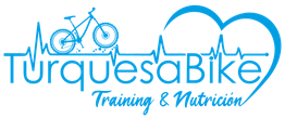 Logo de TurquesaBike: bicicleta y electrocardiograma en azul, texto "Training & Nutrition".