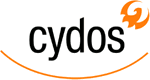 Schwarzes "cydos"-Logo mit oranger Linie unten und einem orangefarbenen Bogen rechts oben.