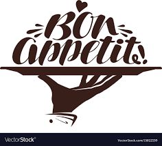 "Bon Appetit!" text on a serving tray held by a hand, with decorative design elements.
