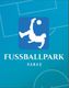 Blaues Logo mit Fußballer im Fallrückzieher, Text: "Fußballpark Hanau" auf hellblauem Hintergrund.