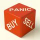 Red cube with the words "Panic," "Buy," and "Sell" on its sides.