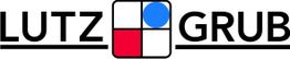 Logo mit Text "LUTZ GRUB" und geometrischen Formen in Blau und Rot.