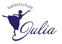 Logo mit tanzender Ballerina und Schriftzug "Ballettschule Julia" in Blau auf Weiß.