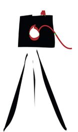 Abstrakte Zeichnung einer Kamera auf Stativ mit roten Akzenten und einem Kabel.