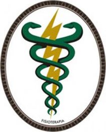 Símbolo da fisioterapia: duas serpentes verdes e um raio dourado central, em um oval.
