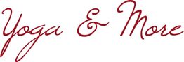 Roter Schriftzug: "Yoga & More" in geschwungener Schrift auf weißem Hintergrund.