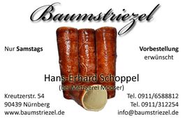 Drei Baumstriezel auf weißem Hintergrund. Kontakt- und Bestelldetails von Hans-Erhard Schoppel.