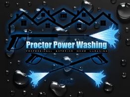 Logo of "Proctor Power Washing" with water droplets and crossed power washer graphics.