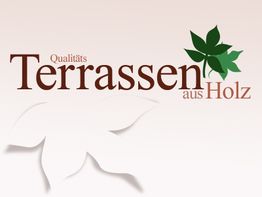 Text "Terrassen aus Holz" mit grünem Blatt auf cremefarbenem Hintergrund.