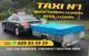 Coche taxi con remolque azul en una carretera, contacto y servicios detallados en el texto.