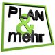 Schwarzer Text "PLAN & mehr" auf weißem Hintergrund mit grünem Rahmen.