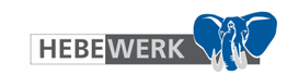 Logo mit Text "HEBEWERK" und blauem Elefant mit erhobenem Rüssel rechts neben dem Text.
