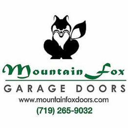 Mountain Fox Garage Doors logo with fox illustration and contact details.