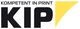 Logo mit Text "Kompetent in Print" und Kürzel "KIP", gelbes Dreieck rechts.